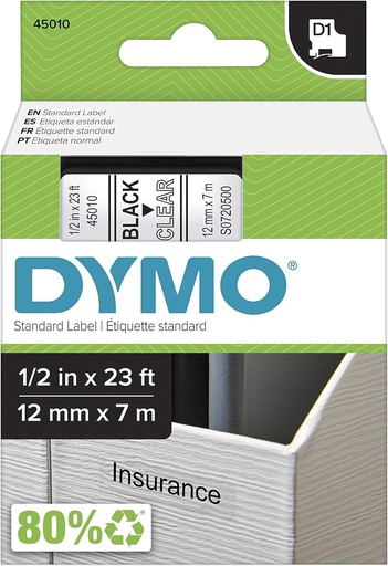 [45010] Dymo D1 Tape 12mm Sort på klar